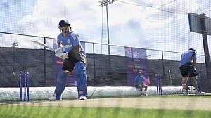Photo: X/ @ICC : Indian batter Suryakumar Yadav in the nets for the practice session ahead of the warm-up match against Bangladesh at Grand Prairie Stadium in Dallas.