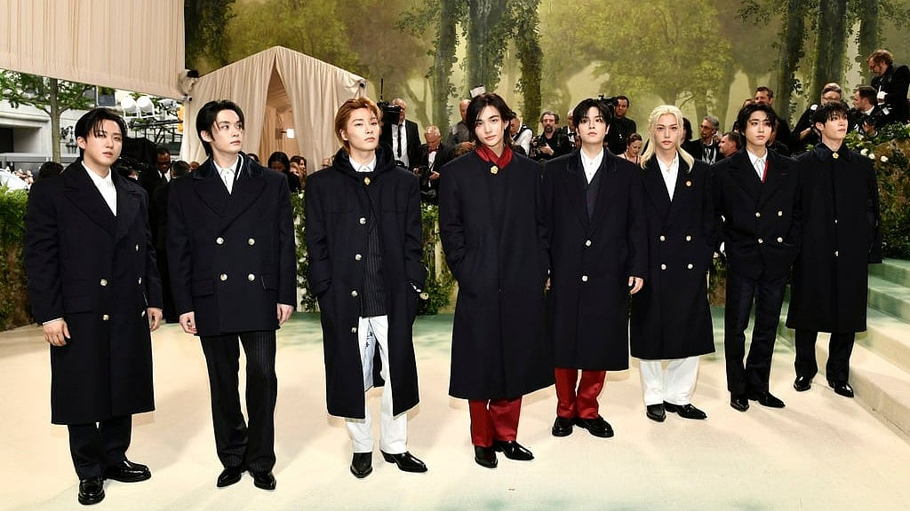Stray Kids attend the Met Gala 2024 in New York wearing custom outfits designed by Tommy Hilfiger - Evan Agostini/Invision/AP