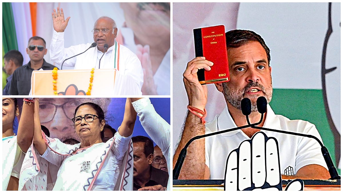 L and R: Congress leaders Mallikarjun Kharge and Rahul Gandhi | Bottom L: West Bengal CM and TMC leader Mamata Banerjee  - PTI 