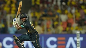 AP Photo/Ajit Solanki : Gujarat Titans' Sai Sudharsan plays a shot during the Indian Premier League cricket match between Gujarat Titans and Chennai Super Kings in Ahmedabad.