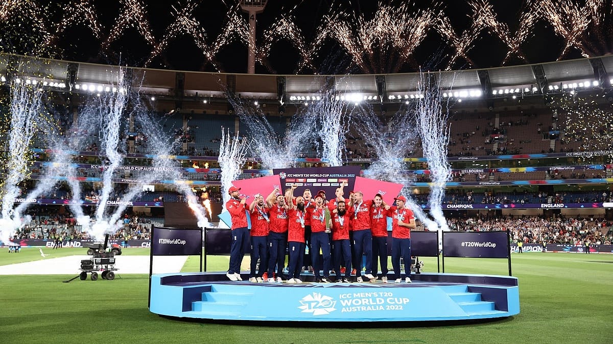 X | T20 World Cup  : ICC T20 World Cup 2023 winner England on the victory stage. 