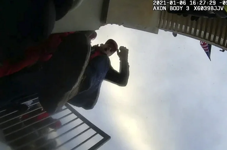 This image from police body-worn camera video, contained and annotated in the Justice Department’s sentencing memorandum for Jack Wade Whitton, shows Whitton at the U.S. Capitol on Jan. 6, 2021, in Washington. - null