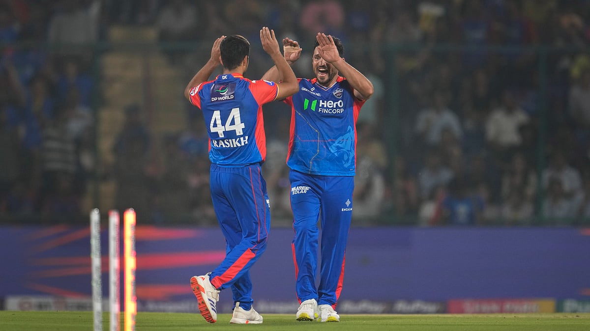 AP Photo/Manish Swarup : Delhi Capitals' Rasikh Dar celebrates the wicket of Rajasthan Royals' Riyan Parag during the Indian Premier League cricket match between Delhi Capitals and Rajasthan Royals in New Delhi.