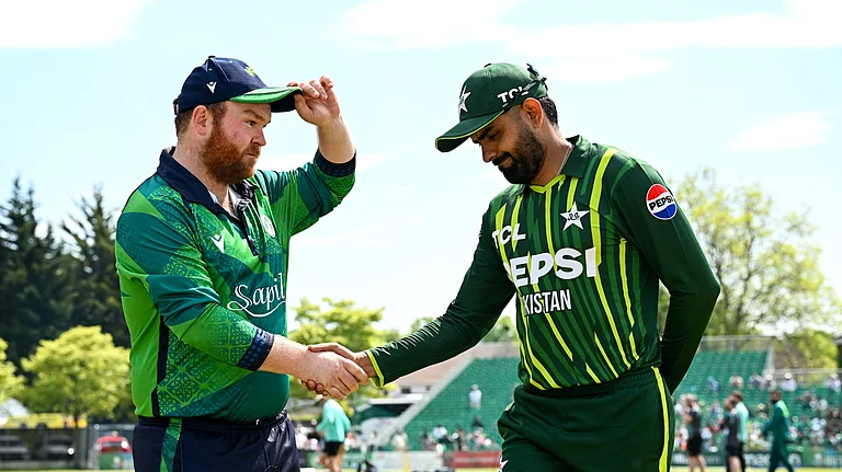 Captains of Ireland and Pakistan, Paul Stirling (first from left) and Babar Azam during the toss of IRE vs PAK 1st T20I match on May 10, Friday 2024. - X | Cricket Ireland