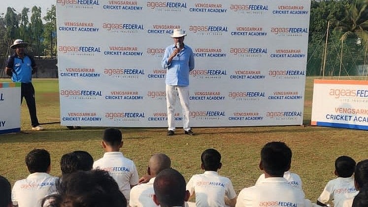 Former India captain Dilip Vengsarkar addressing the young trainees at the Ageas Federal Vengsarkar Cricket Academy at Mahul Chembur. - Photo: X/ @imvengsarkar
