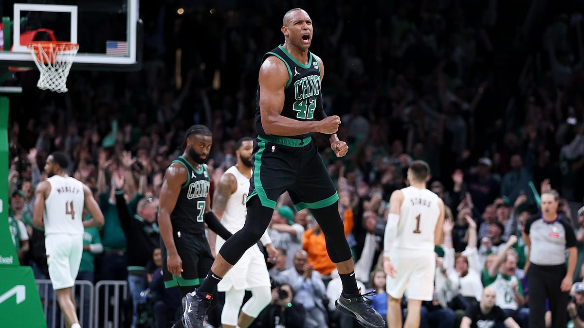 Al Horford #42 of the Boston Celtics celebrates against the Cleveland Cavaliers in Game Five of the Eastern Conference Second Round Playoffs at TD Garden on May 15, 2024 in Boston, Massachusetts.
