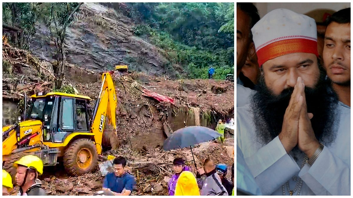PTI images : L: Rescue operation at stone quarry collapse site in Mizoram | R: Dera Sacha Sauda (DSS) chief Gurmeet Ram Rahim 