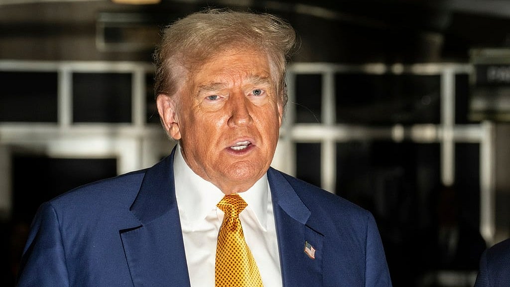 Former President Donald Trump speaks to members of the media at Manhattan criminal court in New York, on Thursday, May 2, 2024.  - AP