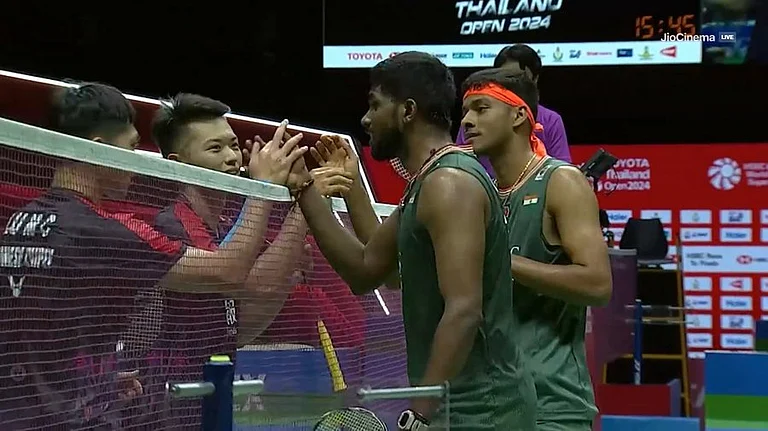Indian men's doubles pair of Satwiksairaj Rankireddy and Chirag Shetty in action at the Thailand Open 2024.  - X | Anmolkakkar27