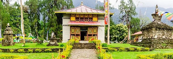 Dubdi Monasterys small temple in the midst of a vibrant green field.
