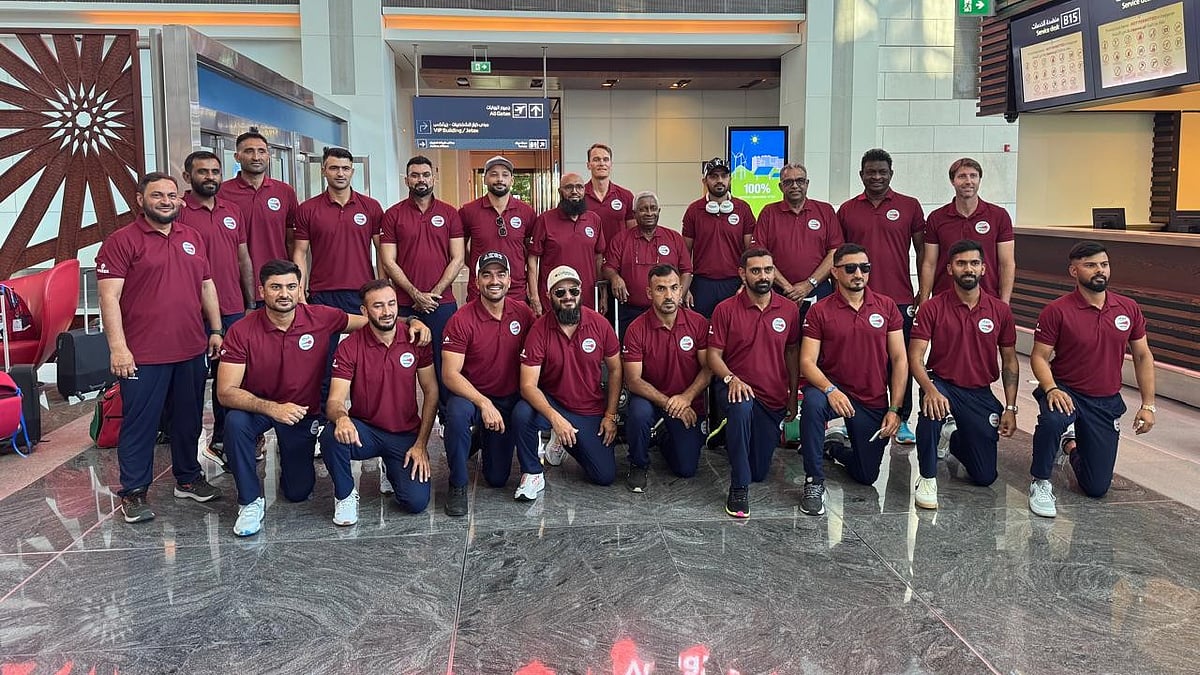 Photo: X/ @TheOmanCricket : Oman national cricket team posing for a group photo before leaving for Barbados to participate in the ICC T2 World Cup 2024.