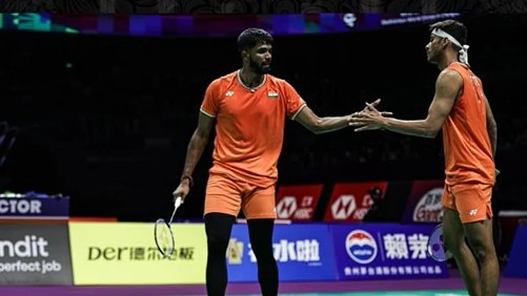 Indian men's double pair Satwik-Chirag in action at the Thailand Open 2024.  -  X | BAI Media