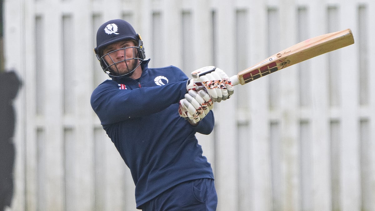 Photo: X/ @CricketScotland : Scotland batter playing a shot during the warm-up game of the ICC T20 World Cup 2024.