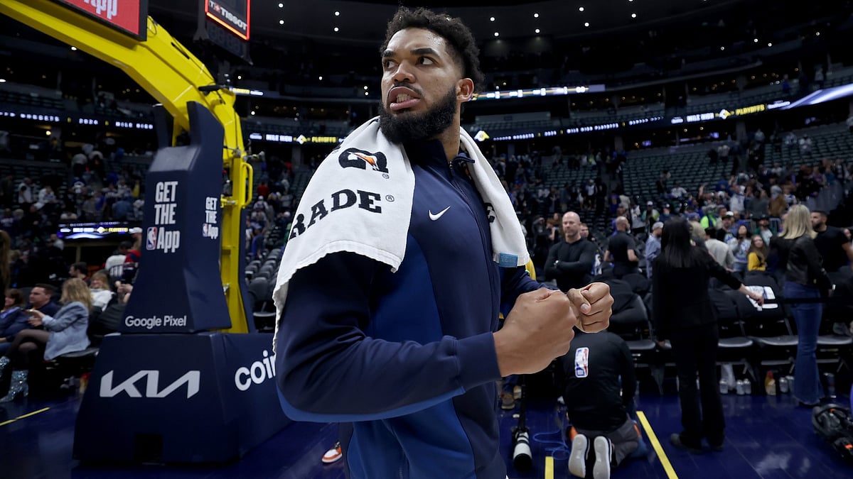 Karl-Anthony Towns celebrates the Minnesota Timberwolves' Game 2 win.