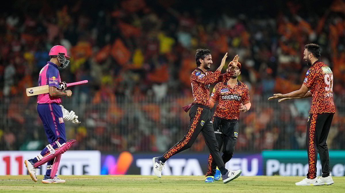 AP Photo /Mahesh Kumar A. : Sunrisers Hyderabad's Shahbaz Ahmed, centre, celebrates the wicket of Rajasthan Royals' Ravichandran Ashwin, left, during the Indian Premier League second qualifier cricket match between Rajasthan Royals and Sunrisers Hyderabad in Chennai.