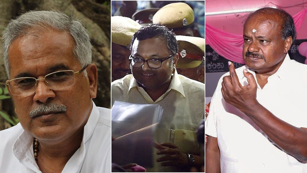 Left, former Chief Minister of Chhattisgarh Bhupesh Baghel, Centre, Karti P Chidambaram, Right, former Chief Minister of Karnataka H. D. Kumaraswamy