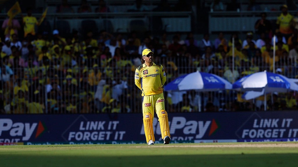 AP/R. Parthibhan : MS Dhoni in action during the Indian Premier League 2024 game between Chennai Super Kings and Rajasthan Royals at the MA Chidambaram Stadium on Sunday (May 12).