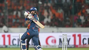 AP Photo/Mahesh Kumar A. : Lucknow Super Giants' captain KL Rahul plays a shot during the Indian Premier League cricket match between Sunrisers Hyderabad and Lucknow Super Giants in Hyderabad.