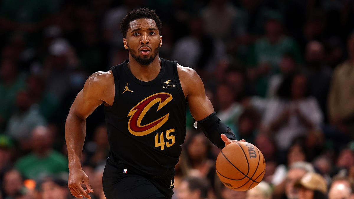 Donovan Mitchell #45 of the Cleveland Cavaliers dribbles against the Boston Celtics during Game One of the Eastern Conference Second Round Playoffs against the Cleveland Cavaliers at TD Garden on May 07, 2024 in Boston, Massachusetts. - null