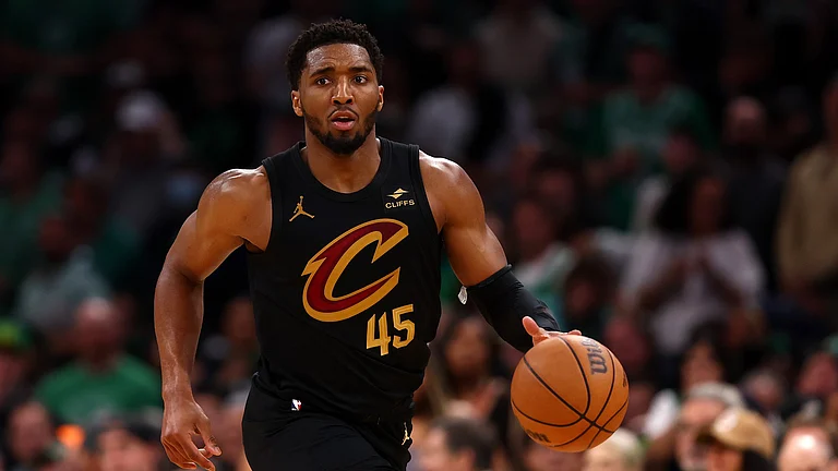 Donovan Mitchell #45 of the Cleveland Cavaliers dribbles against the Boston Celtics during Game One of the Eastern Conference Second Round Playoffs against the Cleveland Cavaliers at TD Garden on May 07, 2024 in Boston, Massachusetts. - null