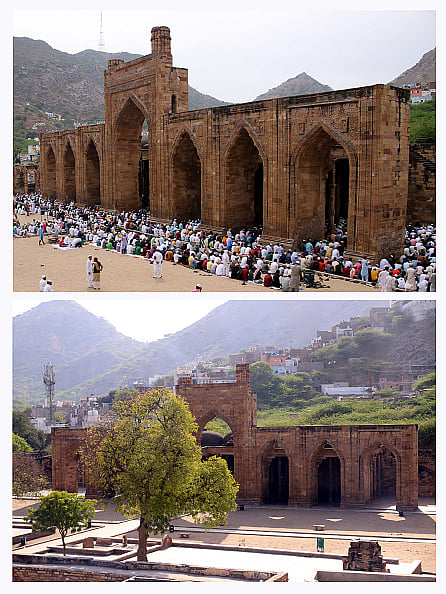 The two-part picture combo shows indian Muslim devotees Offer Friday prayers at the Adhai-Din Ka Jhonpra mosque (top) and the Adhai-Din Ka Jhonpra mosque, - STR/NurPhoto via Getty Images)