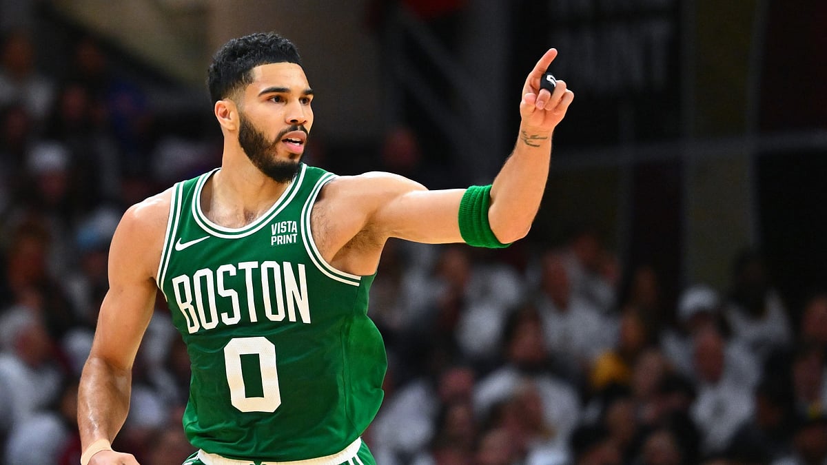 Jayson Tatum #0 of the Boston Celtics reacts after scoring a basket against the Cleveland Cavaliers during the third quarter in Game Three of the Eastern Conference Second Round Playoffs at Rocket Mortgage Fieldhouse on May 11, 2024 in Cleveland, Ohio.