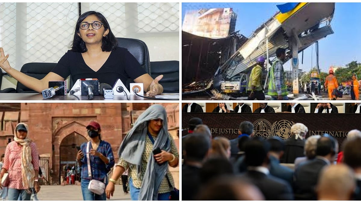 May 17 News Wrap: (clockwise) AAP MP Swati Maliwal, Ghatkopar billboard collapse, ICJ Gaza genocide hearing, heatwave 