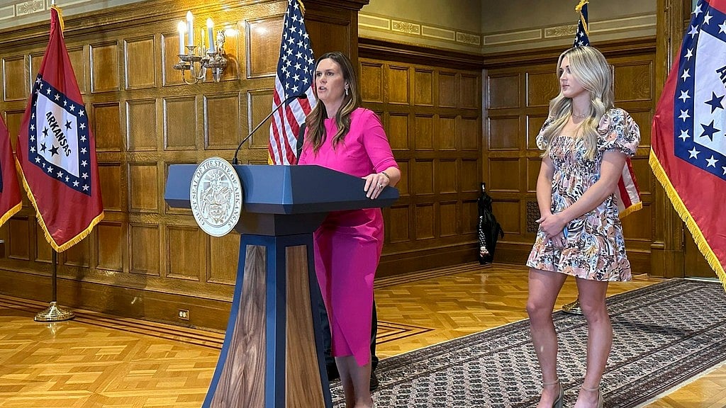 Arkansas Gov. Sarah Huckabee Sanders speaks at a news conference next to former Kentucky swimmer Riley Gaines at the state Capitol in Little Rock, Ark., Thursday, May 2, 2024.  - AP