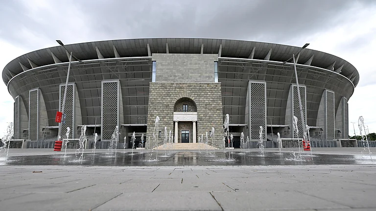 An external view of Puskas Arena in Budapest, Hungary, the Executive Committee of UEFA decided this soccer stadium will host the final match of men's soccer Champions League in 2026. - AP