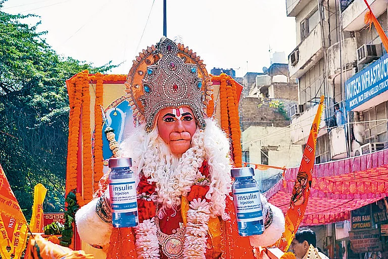 Electoral Samples: Cut-out of Hanuman with two giant insulin vials - null