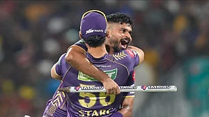 AP Photo/Mahesh Kumar A. : Kolkata Knight Riders' captain Shreyas Iyer celebrates Mitchell Starc after winning against Sunrisers Hyderabad during the Indian Premier League cricket final match in Chennai.