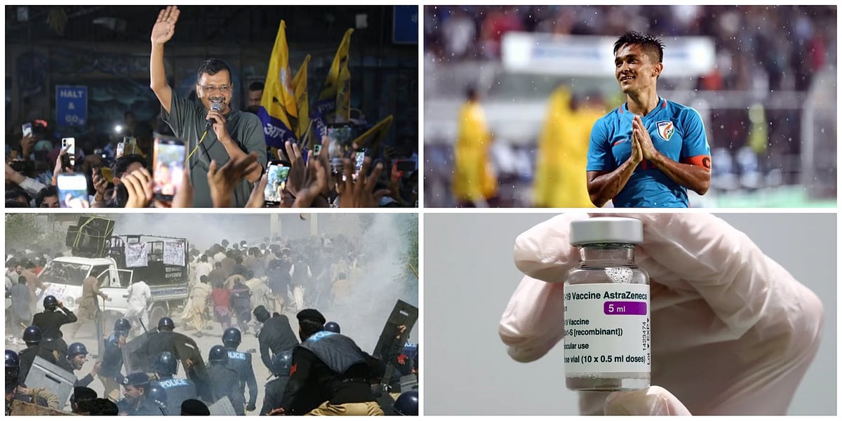 (clockwise) Delhi CM Arvind Kejriwal, Footballer Sunil Chhetri, rest inn PoK and AstraZeneca's  Covid-19 Vaccine