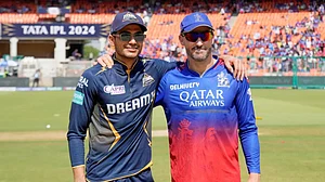 BCCI : Captains of Gujarat Titans and Royal Challengers Bengaluru, Shubman Gill (first from left) and Faf Du Plessis before the 45th match of Indian Premier League 2024.