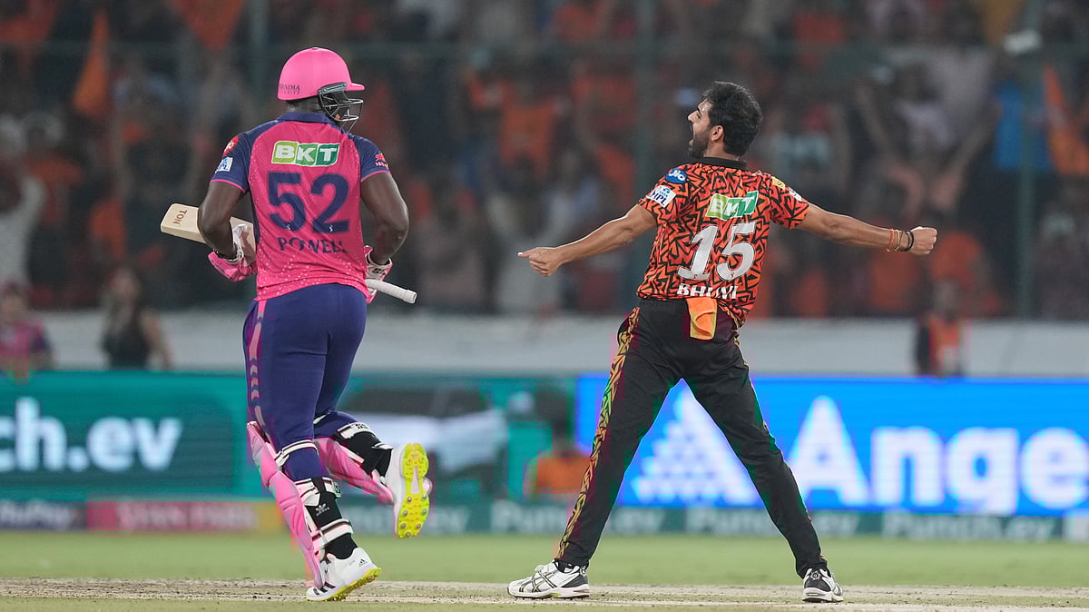 Bhuvneshwar Kumar reacts after winning the match for SRH versus RR in IPL 2024. AP Photo