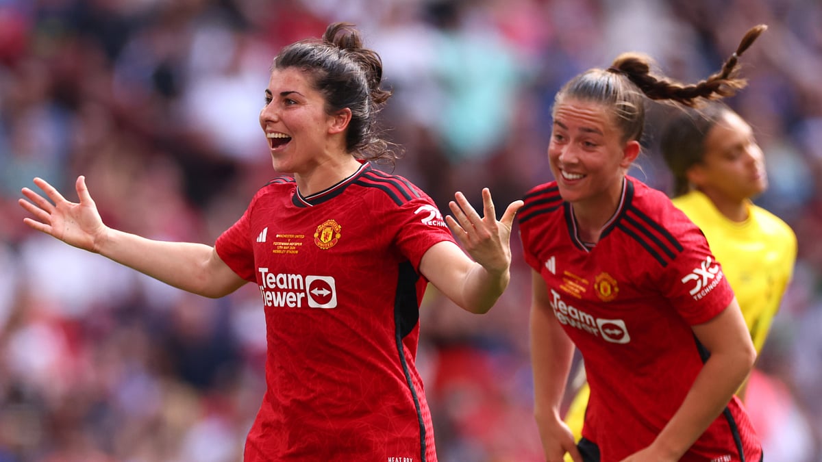 Manchester United Women's Lucia Garcia celebrates after scoring a goal against Tottenham Hotspur Women in the FA Cup final on Sunday (May 12) at Wembley Stadium.