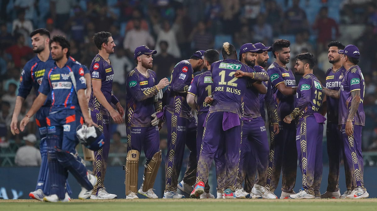 Kolkata Knight Riders players celebrate their win against Lucknow Super Giants during the Indian Premier League cricket match in Lucknow. - AP Photo/Pankaj Nangia