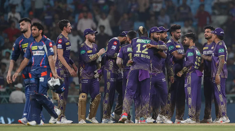 Kolkata Knight Riders players celebrate their win against Lucknow Super Giants during the Indian Premier League cricket match in Lucknow. - AP Photo/Pankaj Nangia