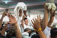 PTI : Congress candidate from Rohtak constituency Deepender Hooda being greeted as he leads during counting of votes for Lok Sabha election