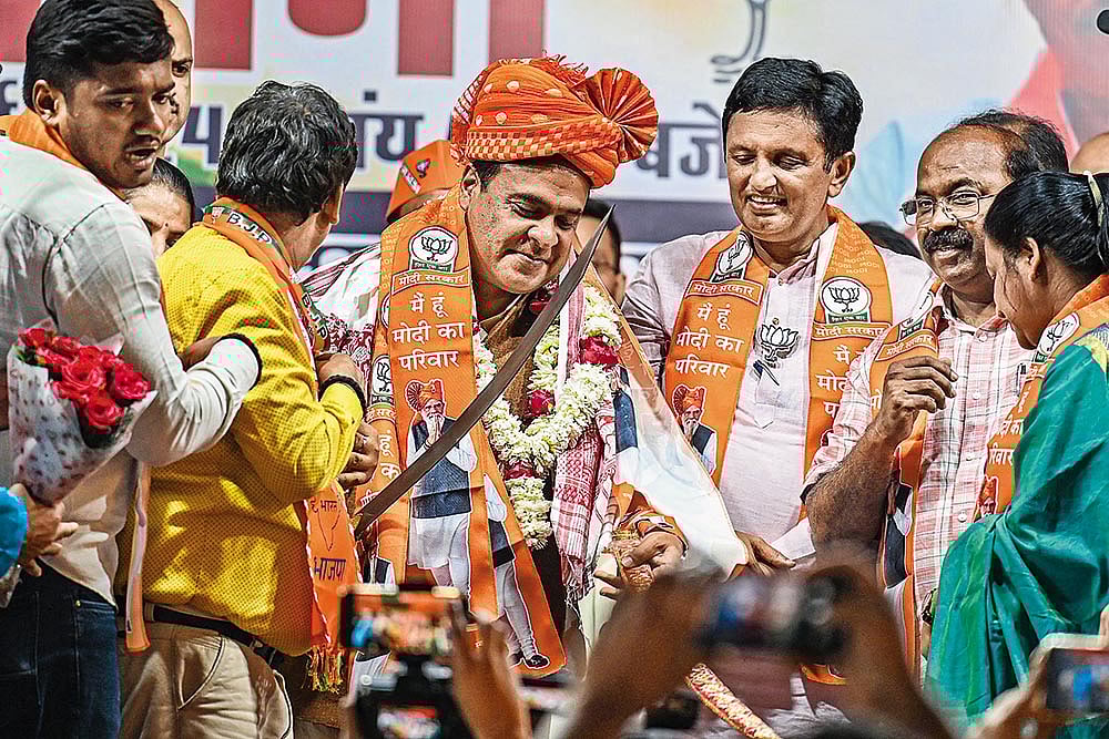 Photo: Getty Images : Master Strategist: Chief Minister Himanta Biswa Sarma during a public meeting in support of BJP candidate Harsh Malhotra in Delhi on May 14, 2024