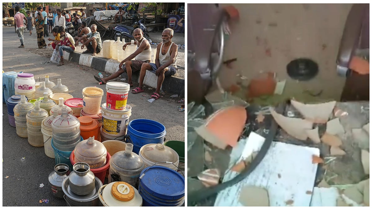 L: People wait to collect drinking water from a tanker of Delhi Jal Board | R: Delhi Jal Board office vandialised in Chhatarpur 