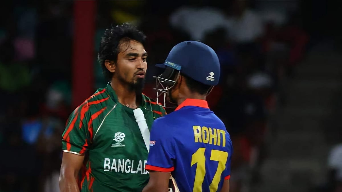 Photo: X/ @RONBupdates : Bangladesh pacer Tanzim Hasan Sakib was involved in a verbal spat with Nepal captain Rohit Paudel during the ICC T20 World Cup 2024 match.