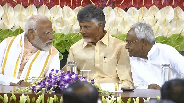 PM Modi (L) with key NDA partners Chandrababu Naidu (C) and Nitish Kumar (R) |  - File/PTI