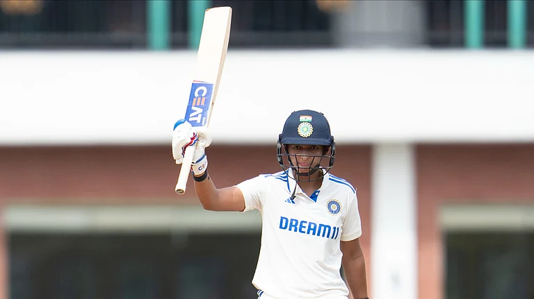 Captain Harmanpreet Kaur celebrates her half-century during the India women vs South Africa, one-off Test in Chennai on Saturday (June 29). - X/BCCI Women