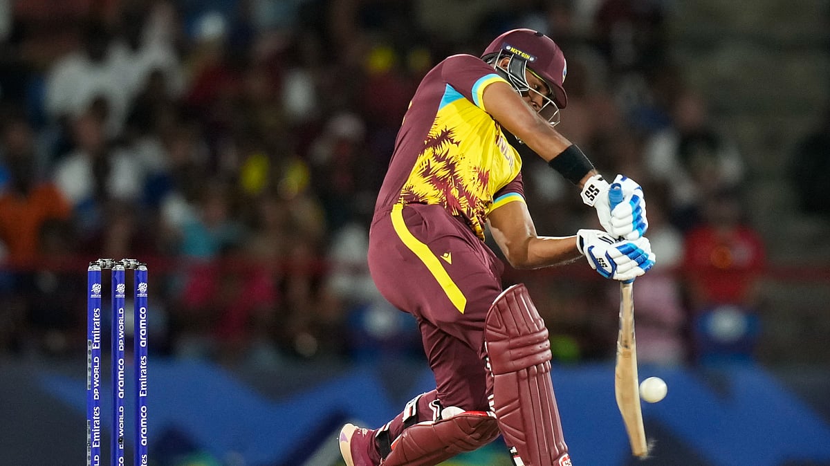 AP Photo/Ramon Espinosa : West Indies' Nicholas Pooran bats during the men's T20 World Cup cricket match between England and the West Indies at Darren Sammy National Cricket Stadium, Gros Islet, St Lucia.