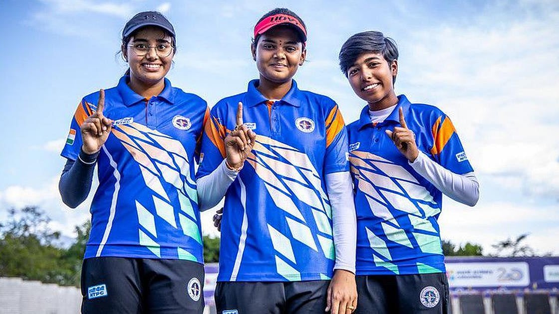 Photo: X/ @India_AllSports : Indian women's archery compound team featuring Jyothi Vennam, Aditi Swami and Parneet Kaur.