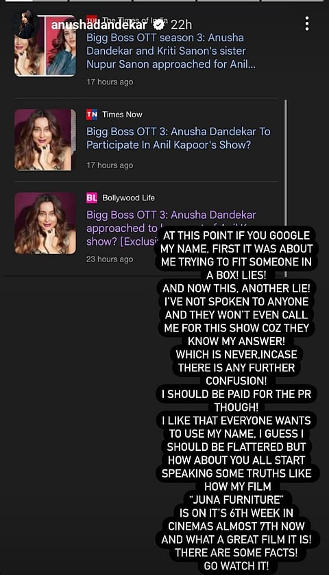 Anusha Dandekar's Instagram Story