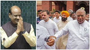 PTI images : Lok Sabha Speaker Om Birla (L) read out a resolution condemning the imposition of Emergency on Wednesday