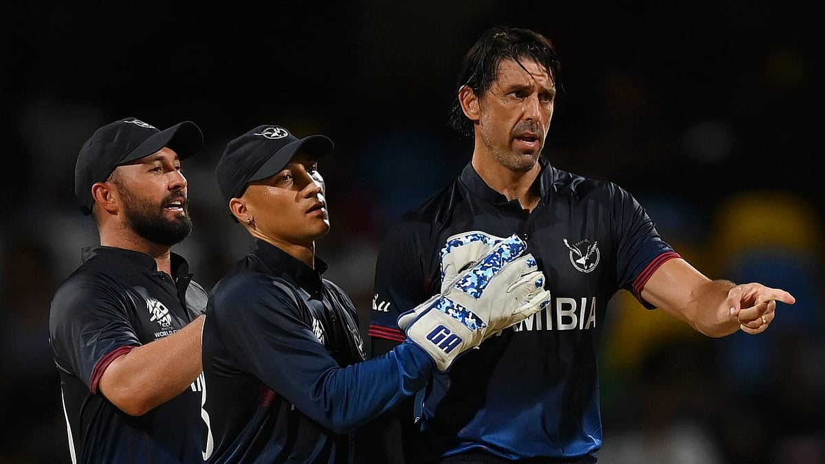 David Wiese (right) was instrumental in Namibia's Super Over win over Oman in match 3 of T20 World Cup 2024 in Barbados. - ICC