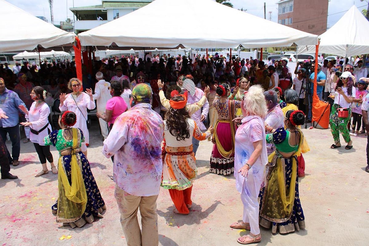 Indian Guyanese celebrating the festival of holi in Georgetown.  - X | India in Guyana 