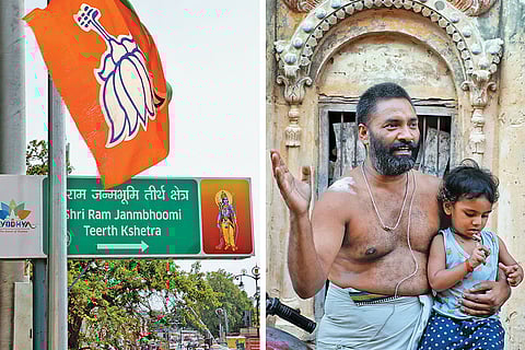 A Telling Story: (Opposite page) An inverted Bharatiya Janata Party (BJP) flag hangs over the Ram Janmabhoomi Path in Ayodhya; Shri Pal Das, a priest at the Prajapati temple
